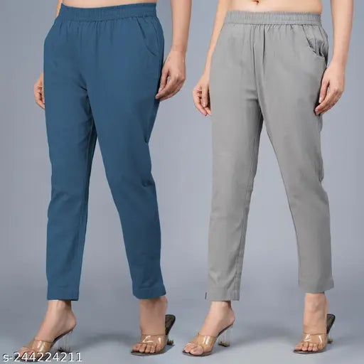 Quaclo Combo of 2 Cotton Women Teal Blue and Grey Trouser Pants