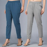 Quaclo Combo of 2 Cotton Women Teal Blue and Grey Trouser Pants