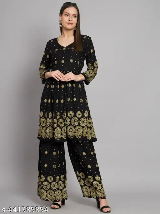 Floral Printed Pleated A-Line Kurta With Palazzos