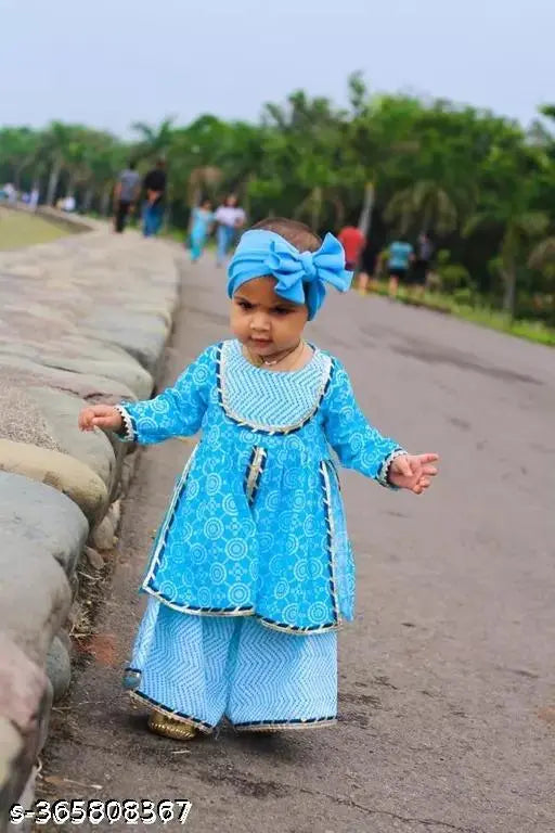 Baby Girls Pure Cotton Sanganeri Printed Blue color Kurti Sharara Set for girls