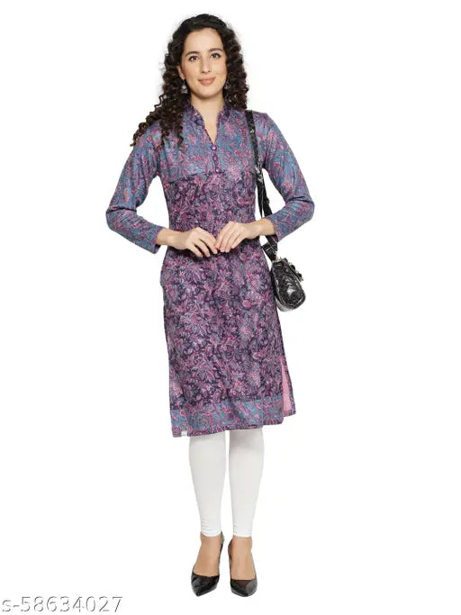 Women's A-line Printed Blue Woollen Kurti