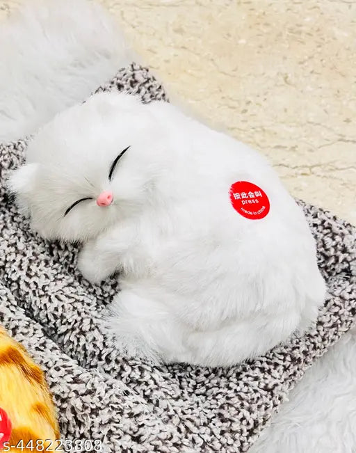 IMPORTED SLEEPING MUSICAL CAT GIFTING MADE EASYY Music Imported Dashboard Decor Small Music Sleeping Cat meow sound Furry fur plush soft cat Interior Soft Toy Car dashboard Showpiece Home Decorating baby decor Office table White grey orange black white