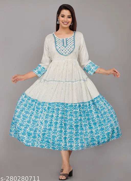 Women/girl's embroidered work blue printed anarkali for daily wear