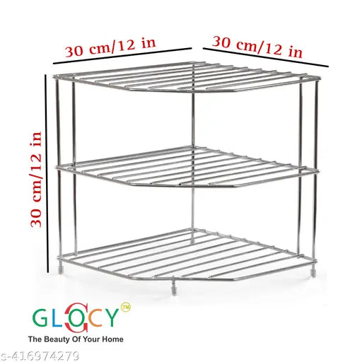 Glocy 3-Tier Diamond Corner Shelf Counter and Cabinet Organizer - Cabinet Storage Shelf Rack, Shelves，Kitchen Counter and Cabinet Shelf, Bathroom Cupboard (Silver)