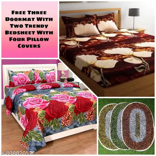 2 TRENDY DOUBLE BED BEDSHEET COMBO SIZE (90*90) WITH 4 PILLOW COVER SIZE (27*17) AND GET 3 BATHMATE FREE