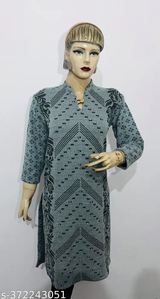 ladies woolen kurti for winter GRAY FLOWER