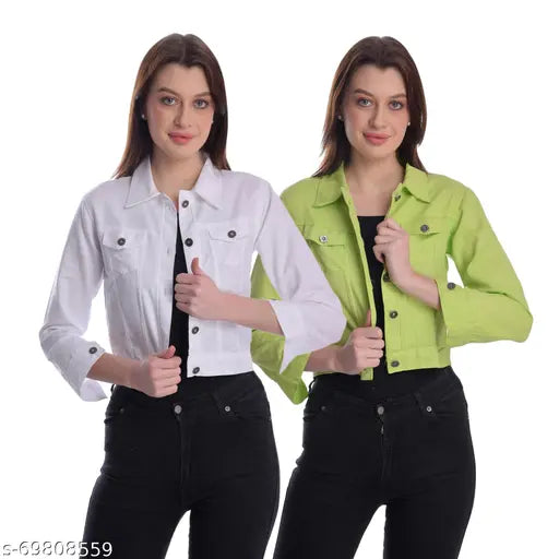 Women Denim White and Neon Green Jacket