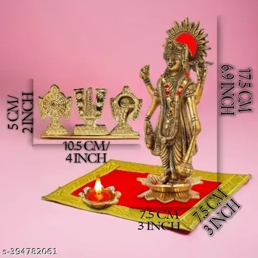 "Bhagwan Vishnu Tirupati at Lotus Flower Idol, Shankh Chakra Tilak Namah, Diya Handicraft Aluminium Metal Tabletop at Red Velvet Carpet Puja Chowki Aasan, Moti Mala For Satya Narayan Vrat Katha, Ekadashi, Car Dash Board, Diwali, Home, Temple, Holi, Kartik