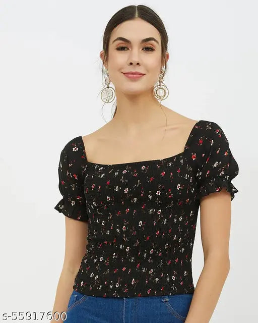 Harpa Black Floral Print Puff Short Sleeve Top