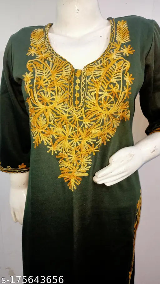 Camellias Stylish Olive Green over Mustard Embroidered Woolen Kurti for Women