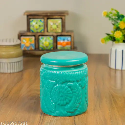 Ceramic floral jar Set| Ceramic martban | Achar barni 900 ml Jar Set (Green - Pack of 2)