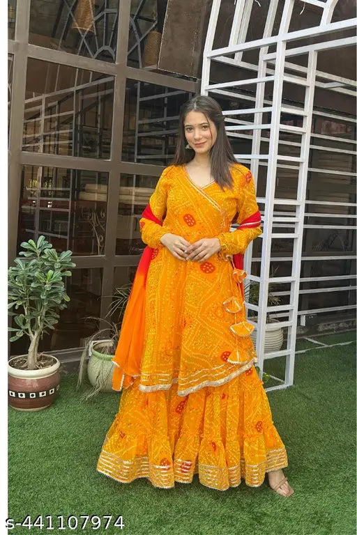 Geaorgette Bhandani Print Yellow Sharara Set