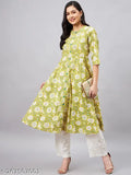 WineRed Women Yellow Floral A - Line Front Slit Kurta