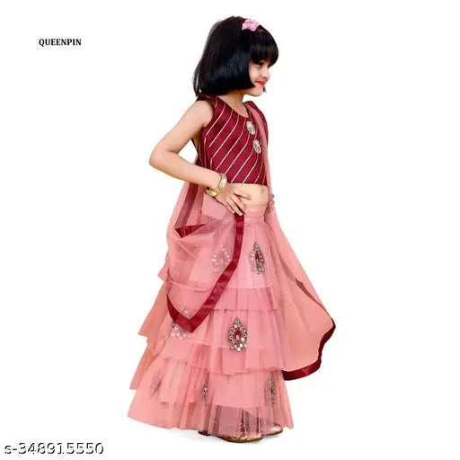 Queenpin Enterprise Festive Collection Peach Lehanga Cholis with Dupatta for Girl