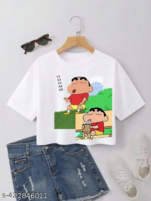 Shinchan Design Round Neck Crop Top White T-Shirt For Girl's