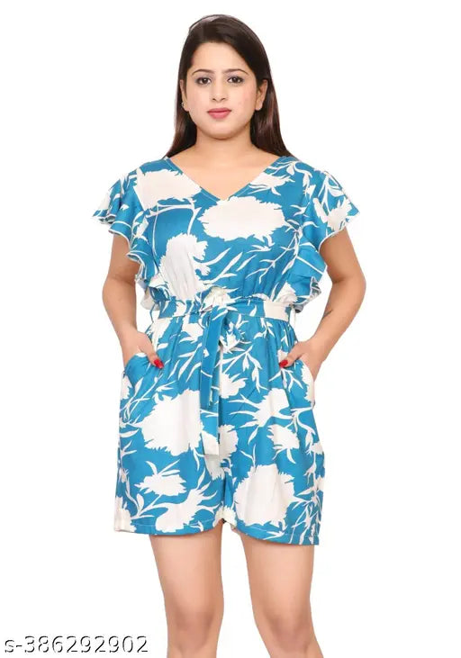 Ladik way Blue printed Casual short jumpsuit for women and girls Floral print short jumpsuit, Stylish V neck jumpsuit for women and girls, Girls' back zip closure jumpsuit, Women printed short jumpsuit, Short sleeves jumpsuit, Summer jumpsuit women and