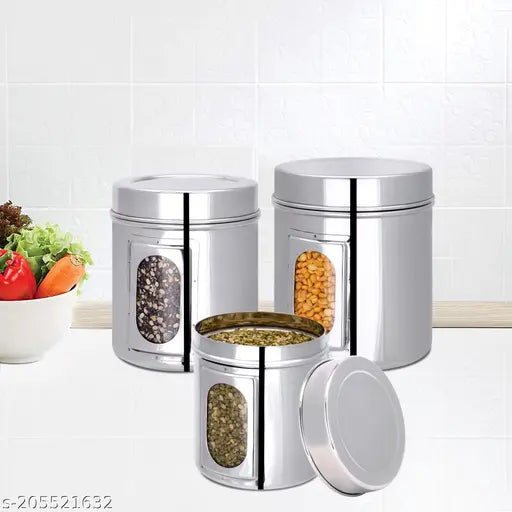 Home-pro Stainless Steel Kitchen See Through Storage Canisters(1150ml,1500ml & 1900ml) Set of 3, Silver