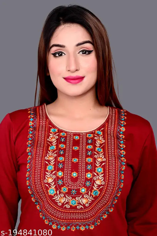 Woolen Kurti, Winter Kurti, Embroidery Woolen Kurti, Embroidery Aari Work Kurti, Kashmiri Embroidery Work Woolen Kurti, Maroon Embroidered Necklace Design Woolen Kurti