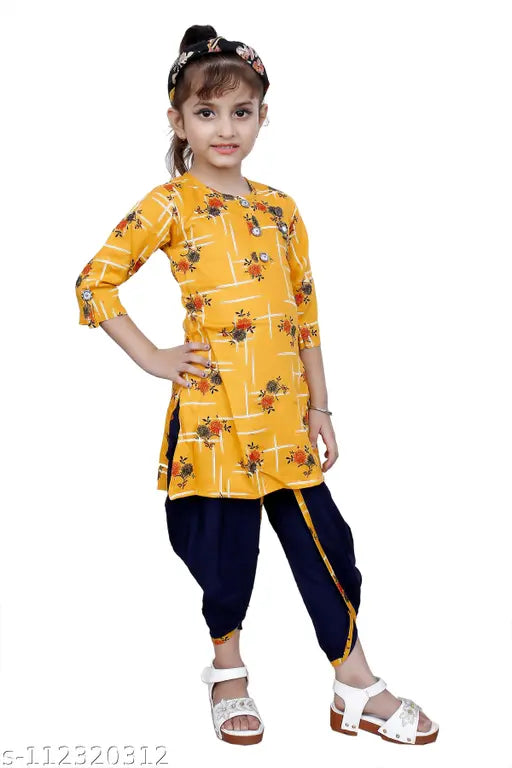 Hariyal Creation Kids Party/Festive Mustard Yellow Designer Checked Patiala Suit For Girls