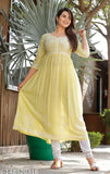 lemon yellow floral embroiderd kurti