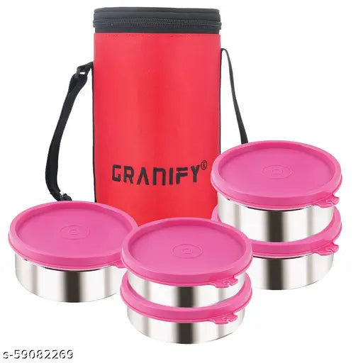 Granify Lunch Box with 5 Stainless Steel Containers and Lunch Box Bag - Red Circular (A-669)