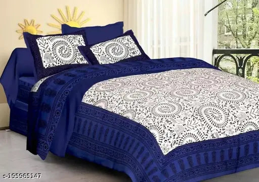 MALONI CREATIONS 144 TC Cotton Double Printed Flat Bedsheet (Pack of 1, Blue)