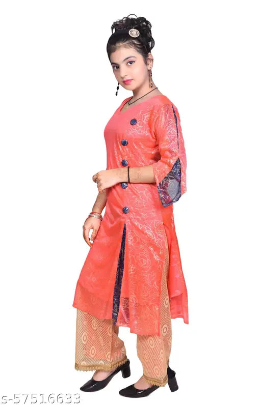 RK Collection Kids Party/ Festive Designer Printed Gajri Pink Kurta Palazzo Ethnic Set For Girls