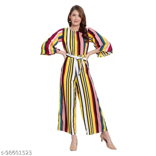 MAYA COLLECTIONS Women's Fashionable Striped Design 3/4 Sleeves Flared Bottom Jumpsuit For Casual Wear