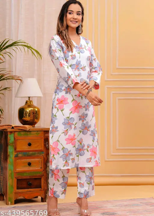 Designer Women's Floral Print Cotton Calf length Kurta With Palazzo Set