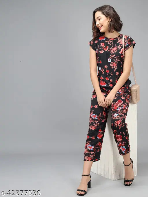 Elizy Women Black Color Red Flower Printed Jumpsuit