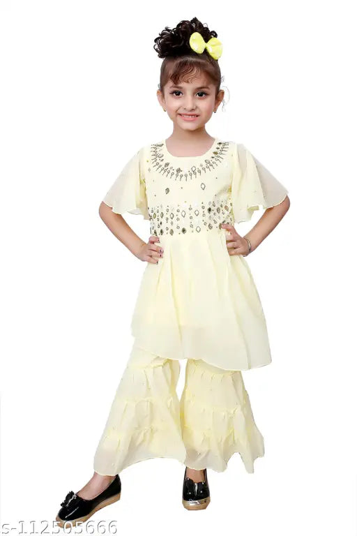 Hariyal Creation Kids Party/Festive Lemon Designer Embroidery Kurta and Sharara Suit For Girls