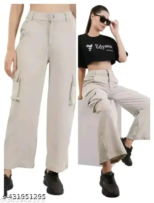 Women solid cargo style bell bottom pants