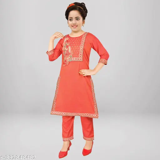 Girl's Embroidered Kurta with Trousers set