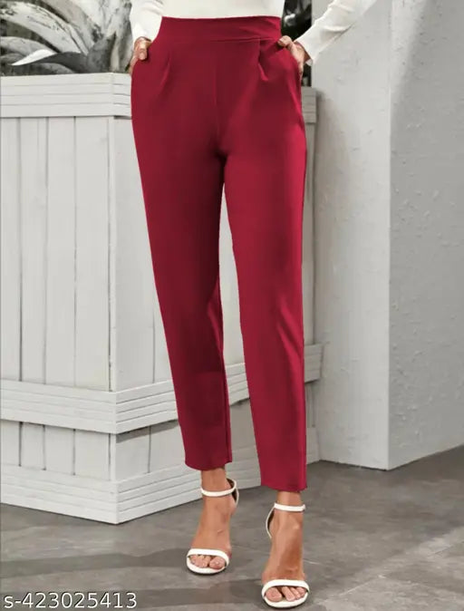 Casual Polyester Blend Narrow & 2 Side Pocket Mid Waist Maroon Trouser (42"inches)