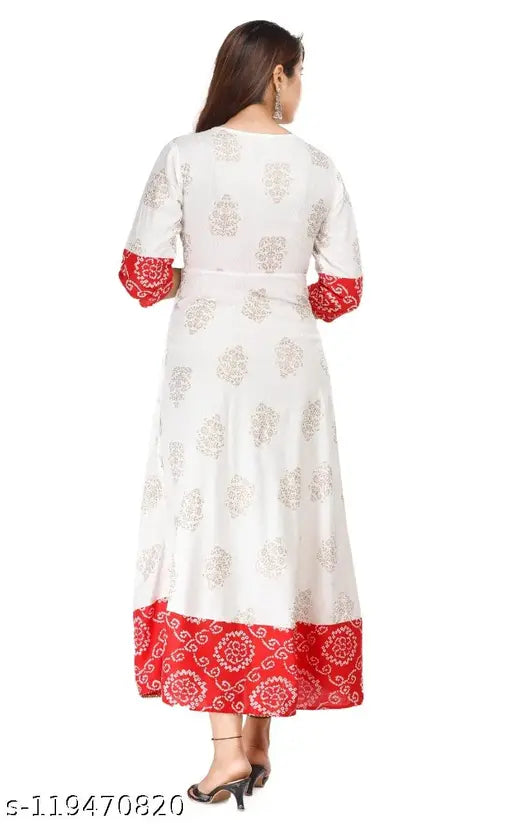 Jaipuri rayon white printed embroidered work long length anarkali kurta