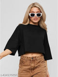 Trendy Solid Half Sleeve Black Color Crop Tops T-Shirts Casual Crew Neck Drop Shoulder Loose Fit Casual Summer Tees For Women's and Girl's