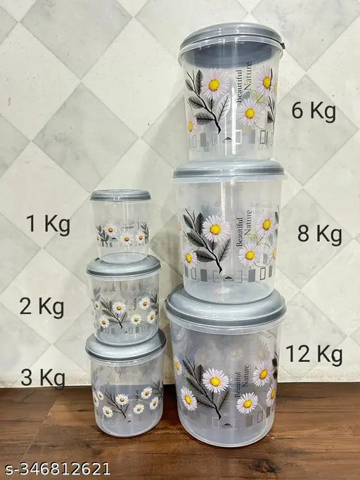 UMA KHODAL 6 Pieces Plastic Printed Container set with beautiful design ( 12KG , 8KG , 6KG , 3KG , 2KG , 1KG Grocery Container - Gray)