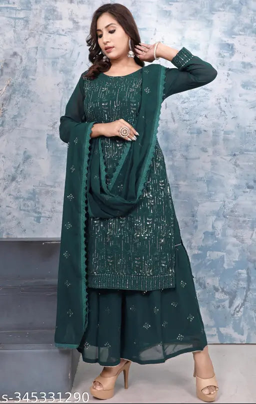 Women's Georgette Straight Embroidered Kurti with Sharara And Dupttawork