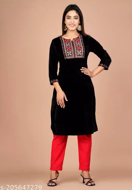 Women Winter Wear Black Ethnic Embroidered Yoke Design Woollen velvet Kurta