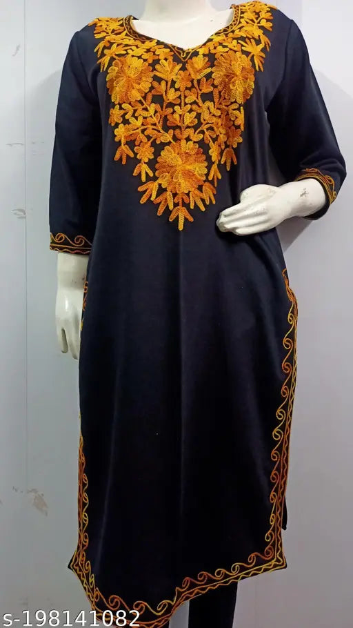 Black Woolen Kurti with Yellow Kashmiri Style Embroidered for Women