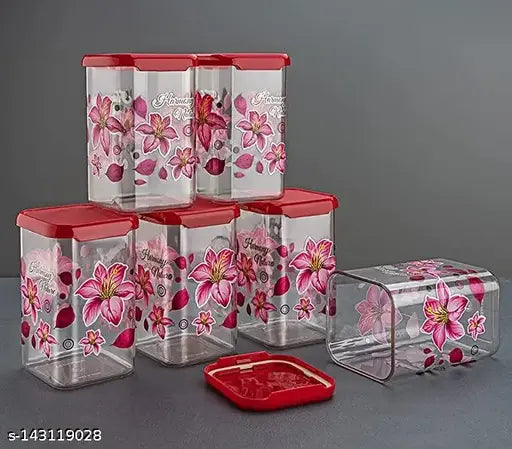 Perix Products 1100 ML Flower Printed Lock System Plastic Grocery Container| Square Airtight Containers to Store Groceries| Kitchen Dabba Set, Grocery Box (1100 ML) (Pack of 12) (pink)