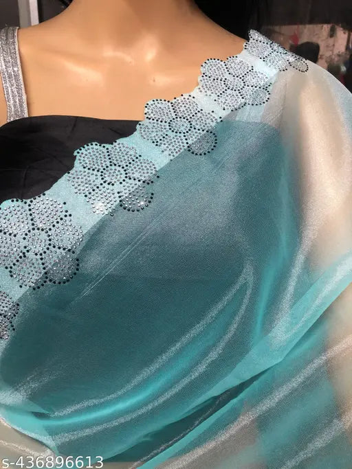 Beautiful Designer Jimmy Chu type Organza Super Net Silk Saree Swarovski Crystal With Diamond Work And Blouse Diamond Lace