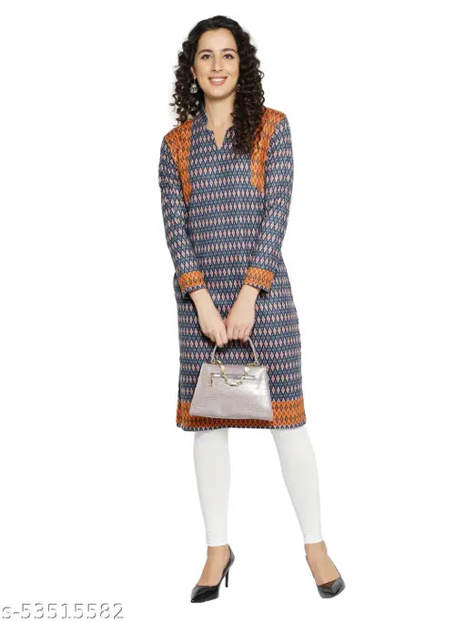 Women Traditional Winter Wear A-Line Woolen Straight Long Prinded Solid V neck Kurti Dress For Women's (Blue)