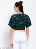 Style Quotient Women Green White Polka Dot Printed Crepe Regular Crop Top