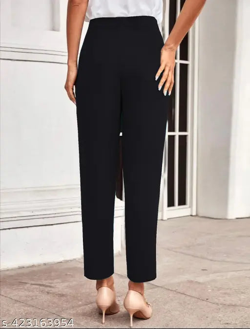 Casual Polyester Blend Narrow & 2 Side Pocket Mid Waist Black Trouser (42"inches)