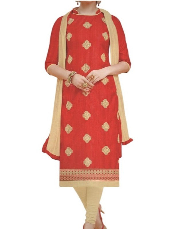 Womens Cotton Regular Unstitched Salwar-Suit Material With Dupatta (Red, 2 mtr) - GillKart