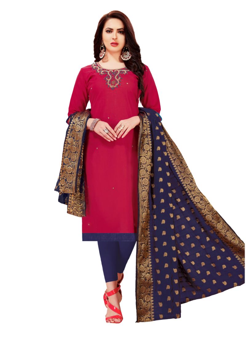Women's Slub Cotton Unstitched Salwar-Suit Material With Dupatta (Magenta, 2-2.5mtrs) - GillKart
