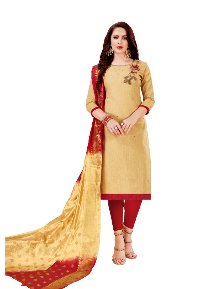 Women's Slub Cotton Unstitched Salwar-Suit Material With Dupatta (Sandel, 2-2.5mtrs) - GillKart