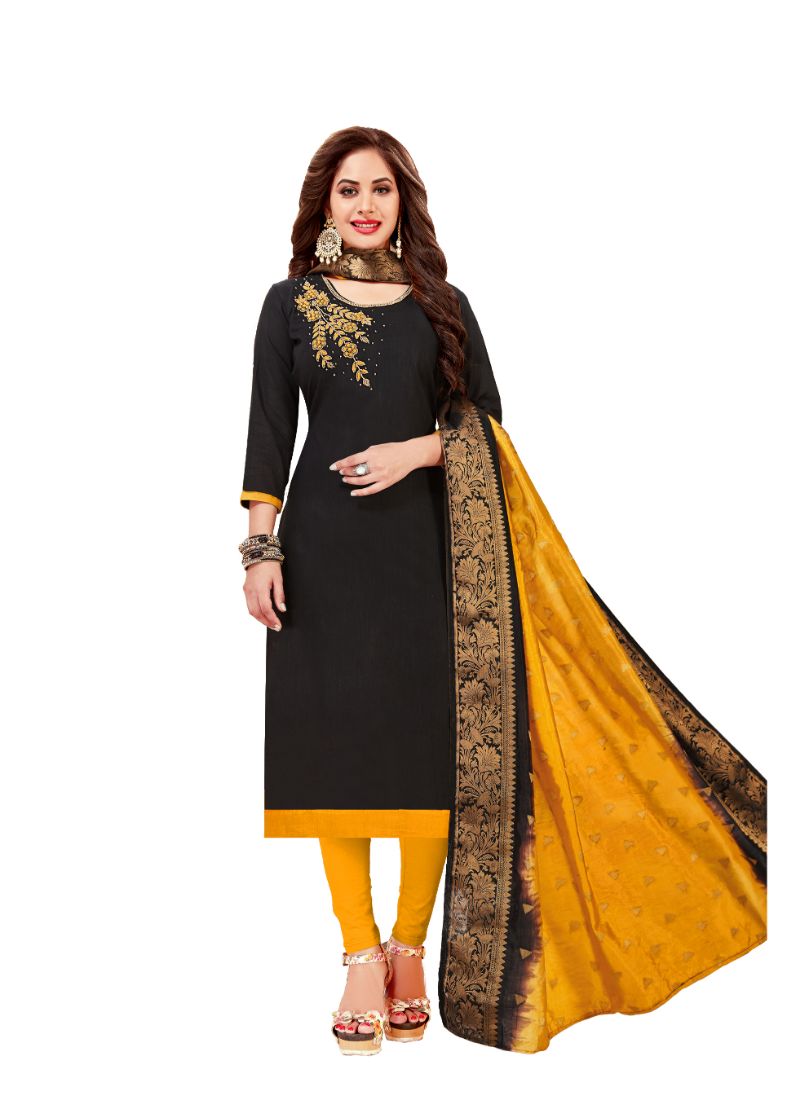 Women's Slub Cotton Unstitched Salwar-Suit Material With Dupatta (Black, 2-2.5mtrs) - GillKart
