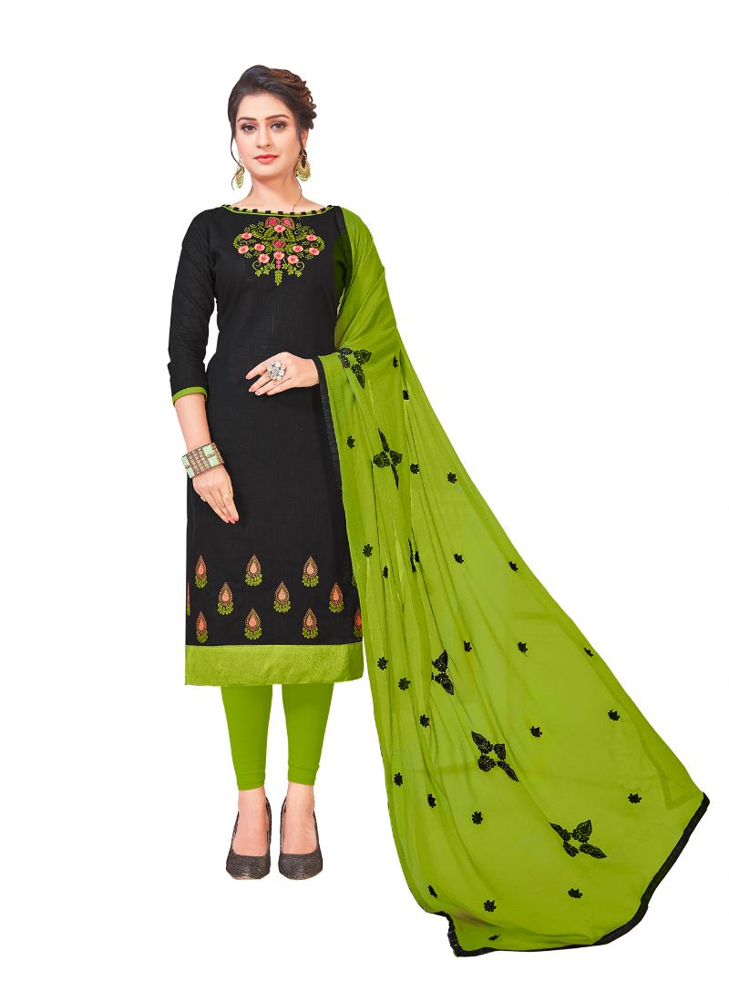 Women's Slub Cotton Unstitched Salwar-Suit Material With Dupatta (Black, 2-2.5mtrs) - GillKart